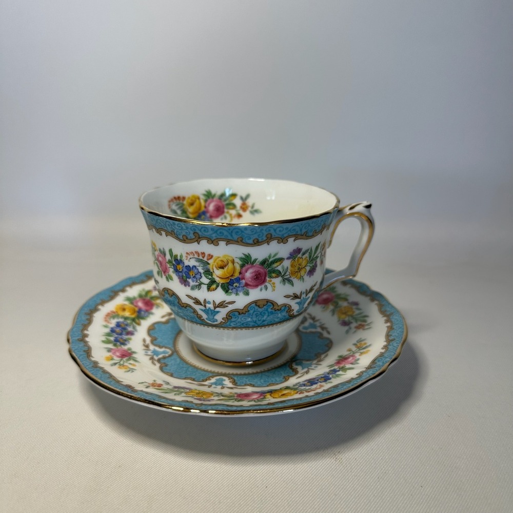 Vintage Crown Staffordshire Lyric Tunis Blue Teacup and Saucer Set Bone China